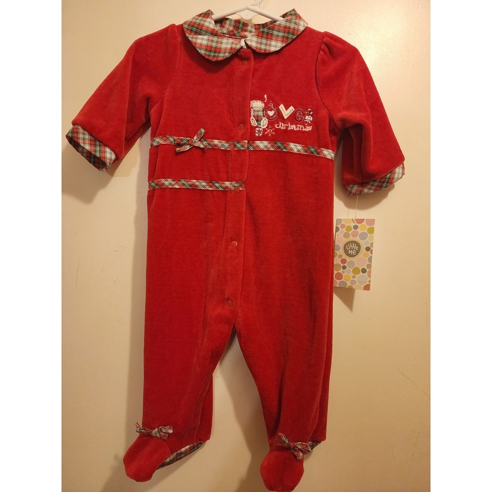 Little Me Baby Girls Red Velour Christmas Sleeper Plaid Trim 6M NWT